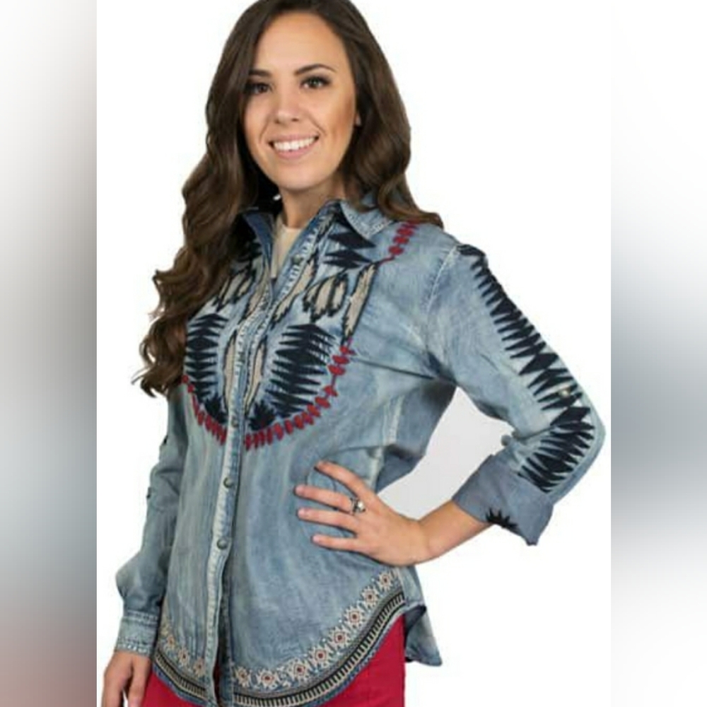 Women’s Embroidered Denim Button-Down Shirt - Light Blue